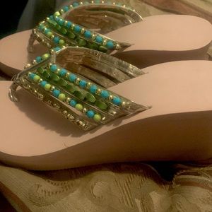 Jeweled flip flops with wedge heel